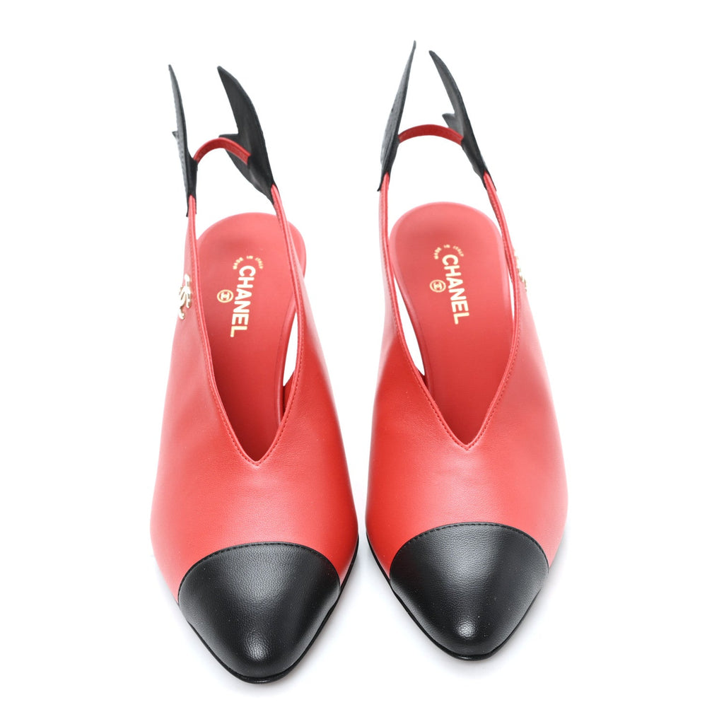 Lambskin Patent Calfskin Cap Toe CC Slingback Pumps 38 Red Black
