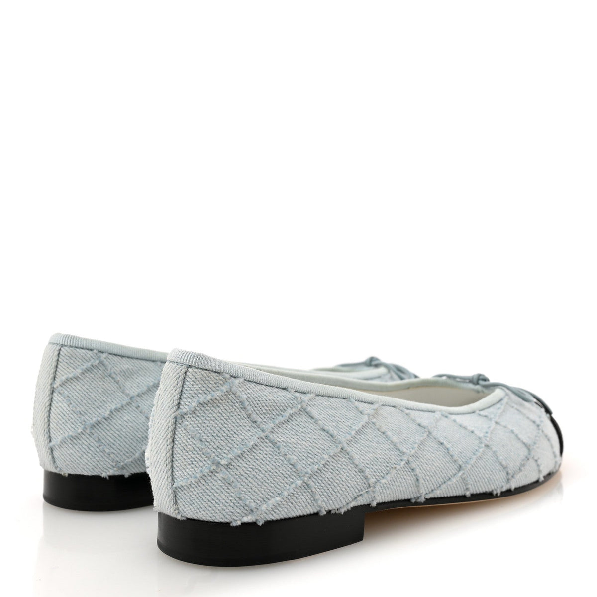Denim Embroidered Grosgrain CC Cap Toe Ballerina Flats 37.5 Light Blue Black