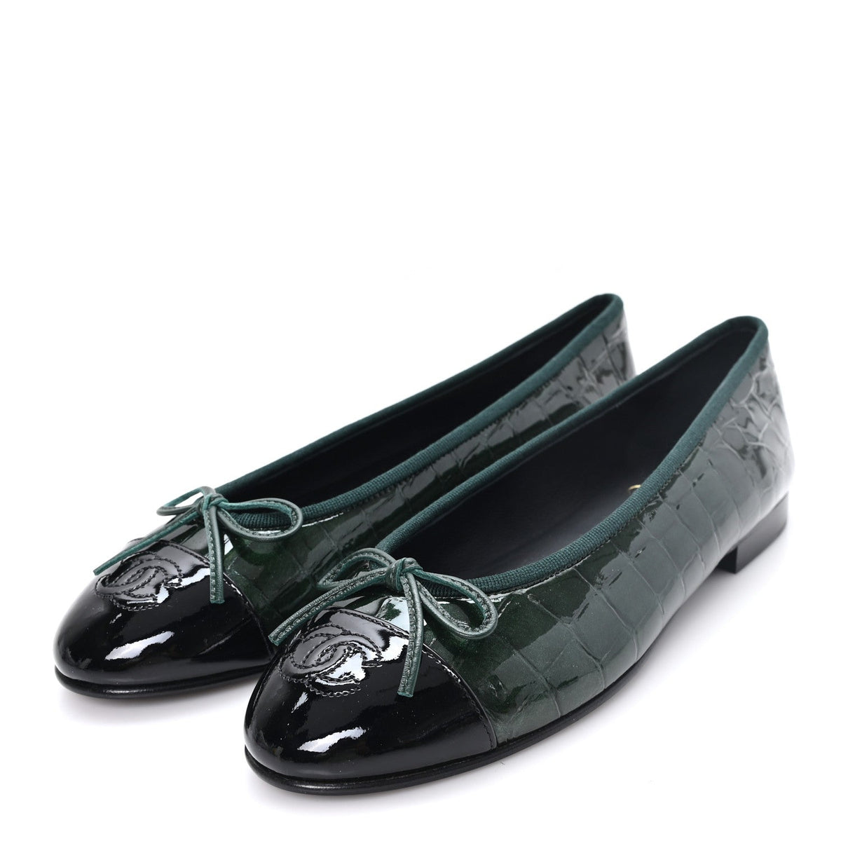 Crocodile Embossed Patent Calfskin Ballet Flats 36.5 Dark Green Black
