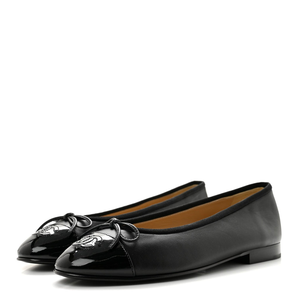 Lambskin Patent Cap Toe Ballerina Flats 37.5 Black