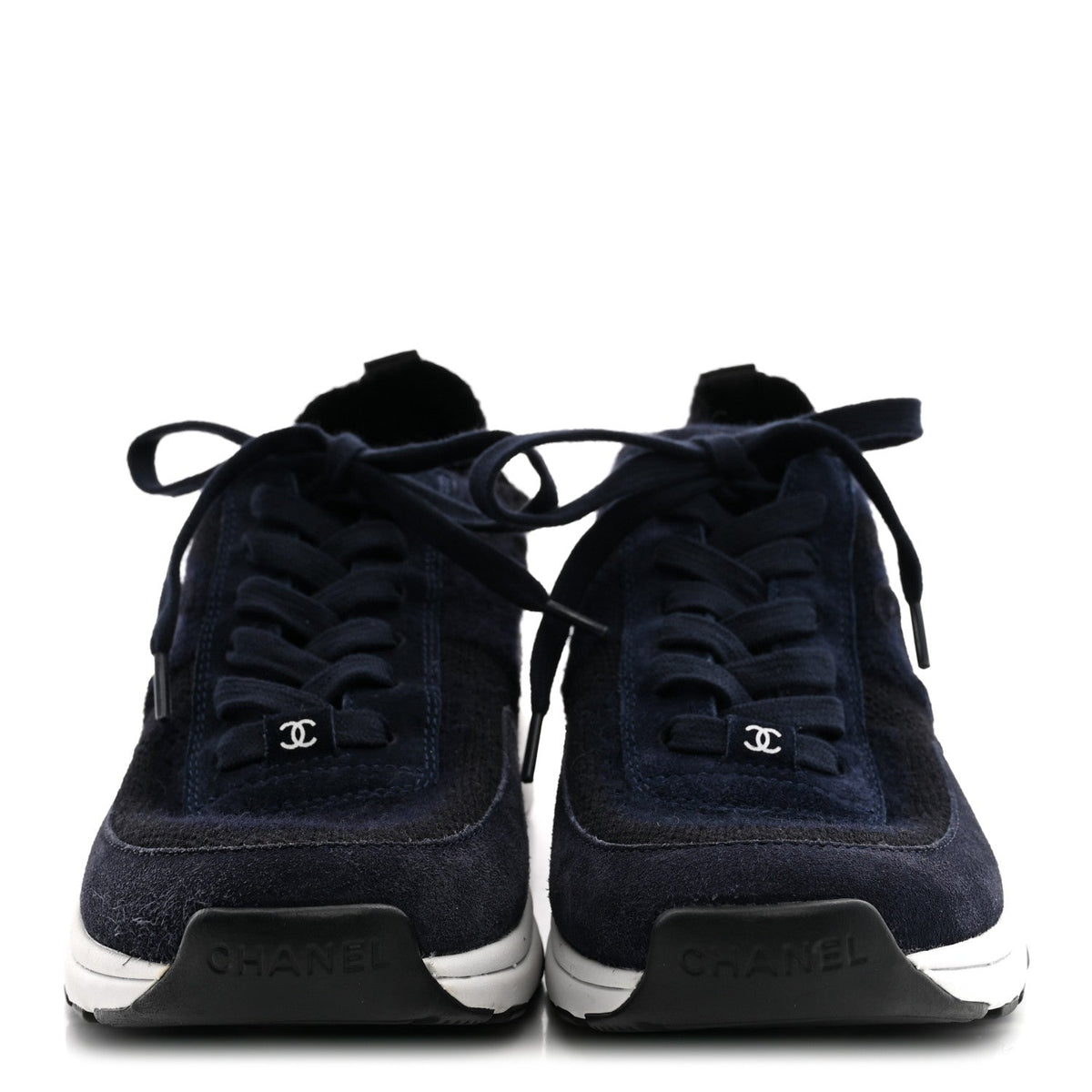 Knit Fabric Suede Calfskin Womens CC Sneakers 38 Navy Black