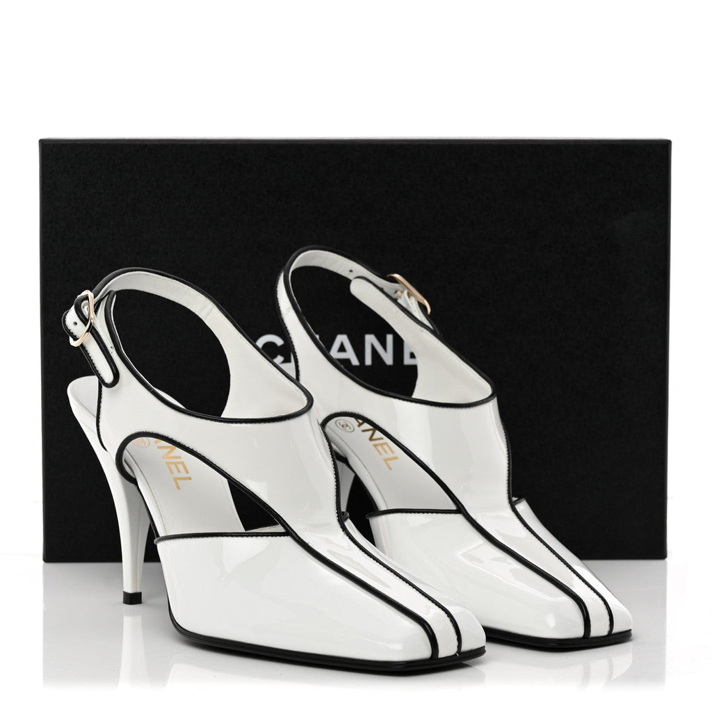 Patent Calfskin Lambskin Slingback Pumps 38.5 White Black