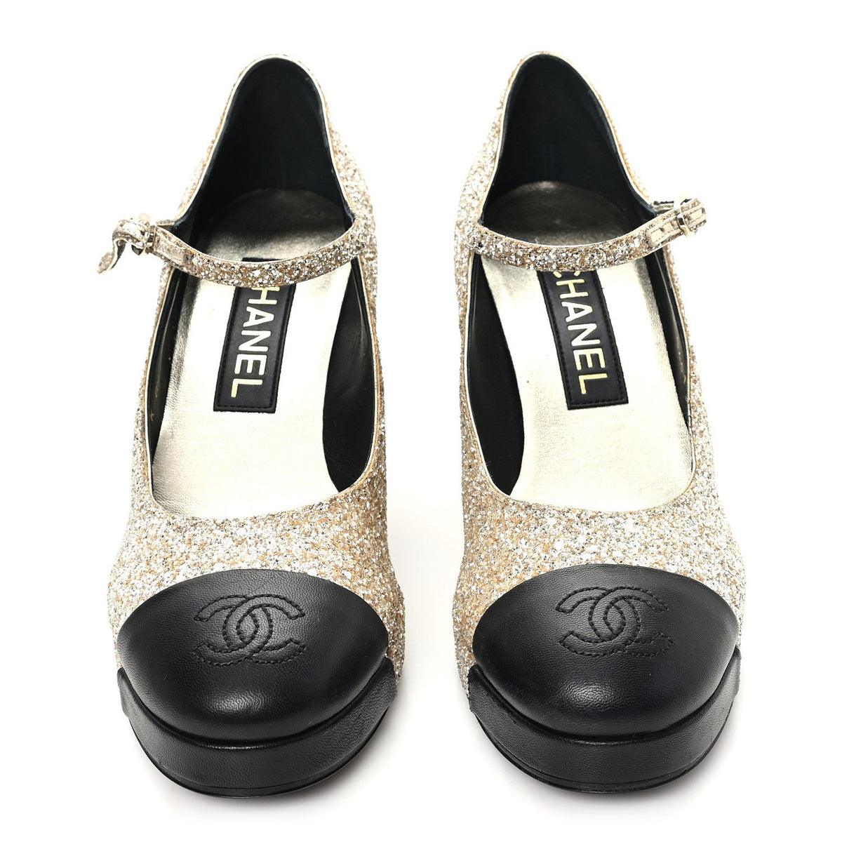 Glitter Lambskin Cap Toe CC Mary Jane Pumps 37.5 Light Gold Black
