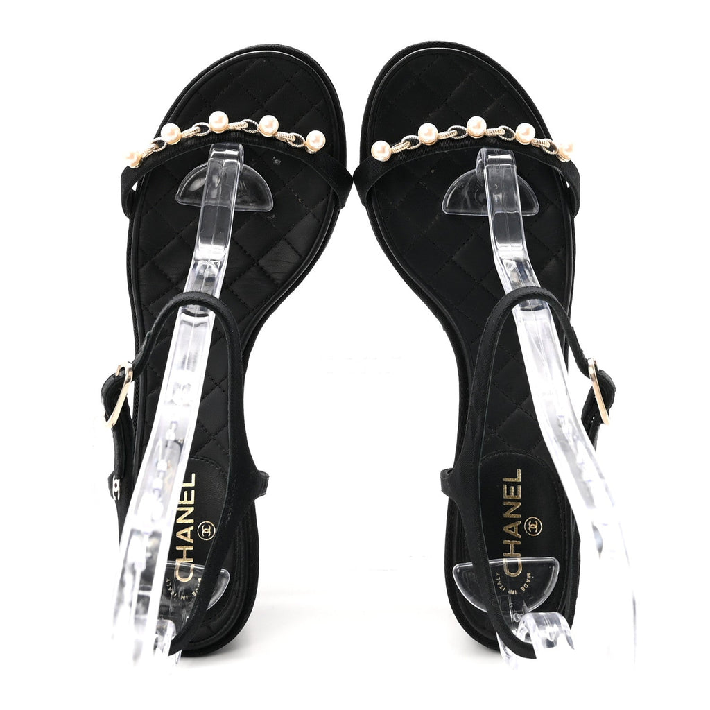 Grosgrain Pearl Chain CC Sandals 37.5 Black