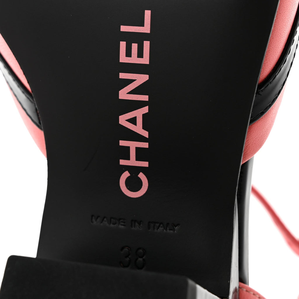 Patent Calfskin CC Ankle Strap Sandals 38 Pink Black