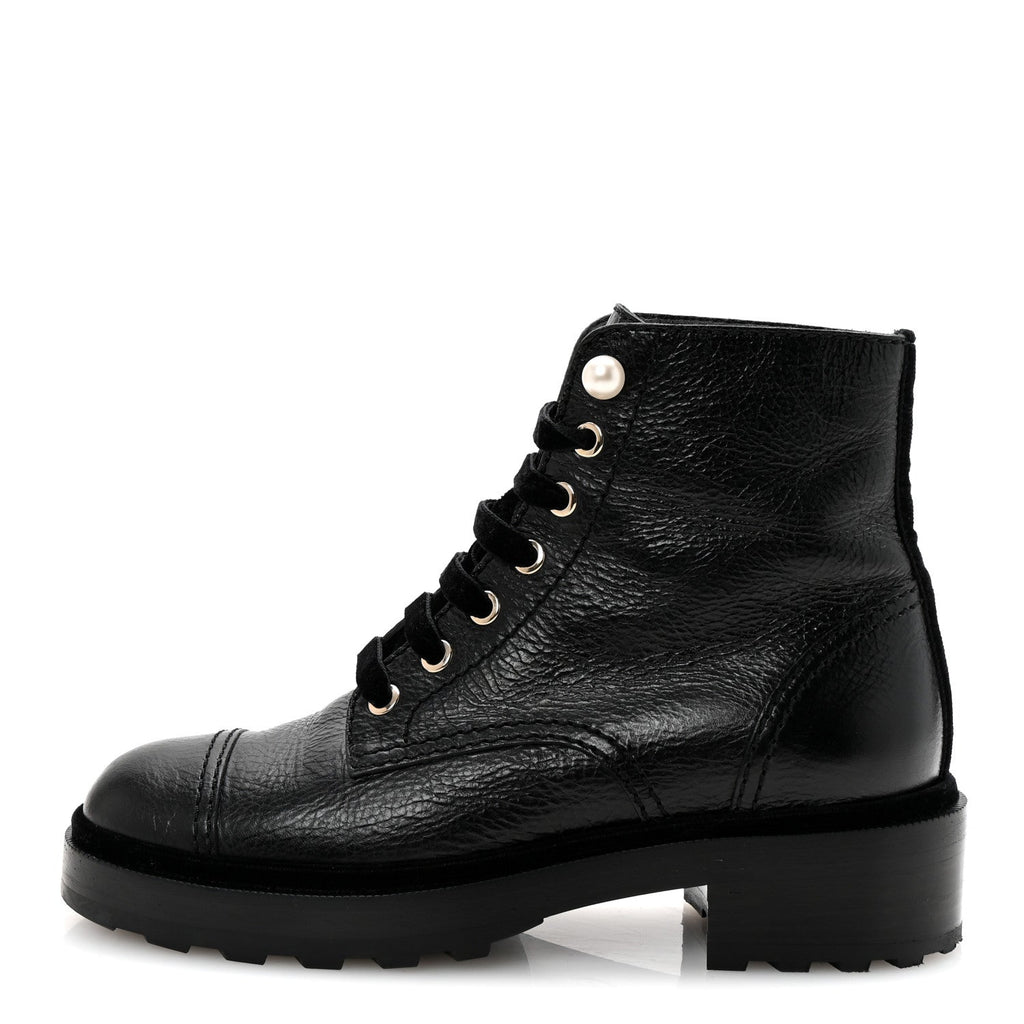 Shiny Calfskin Velvet Pearl Combat Short Boots 37 Black