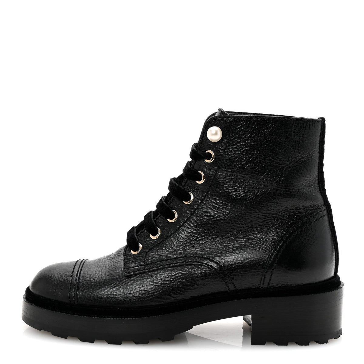 Shiny Calfskin Velvet Pearl Combat Short Boots 37 Black