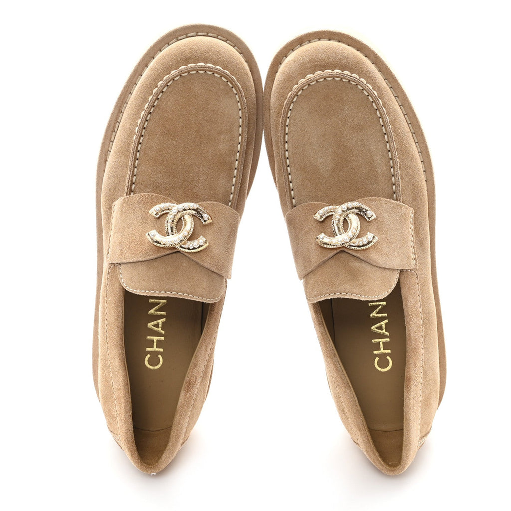 Suede Calfskin Pearl CC Moccasin Loafers 36.5 Dark Beige