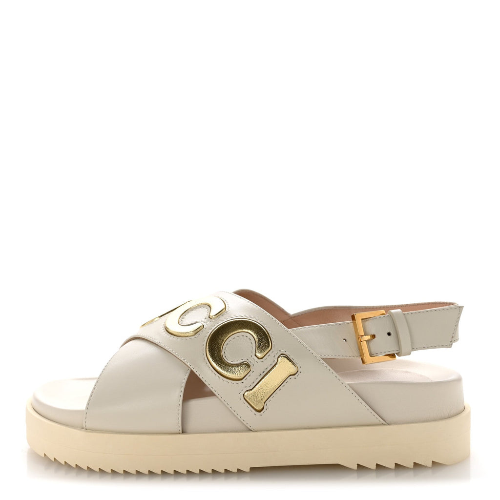 Calfskin Elizabeth Nappa Charlotte Logo Slingback Sandals 35 Mystic White Platino