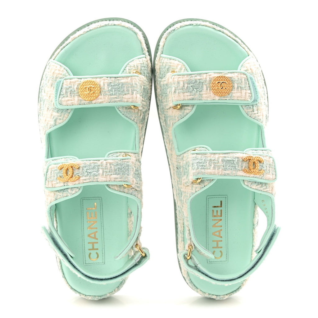 Wool Tweed Velcro Dad Sandals 37.5 Light Blue Ivory