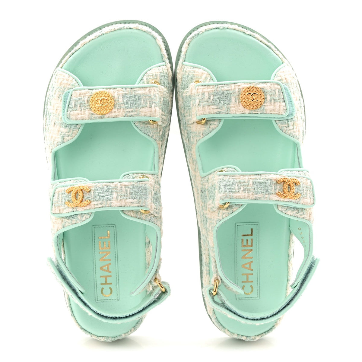 Wool Tweed Velcro Dad Sandals 37.5 Light Blue Ivory