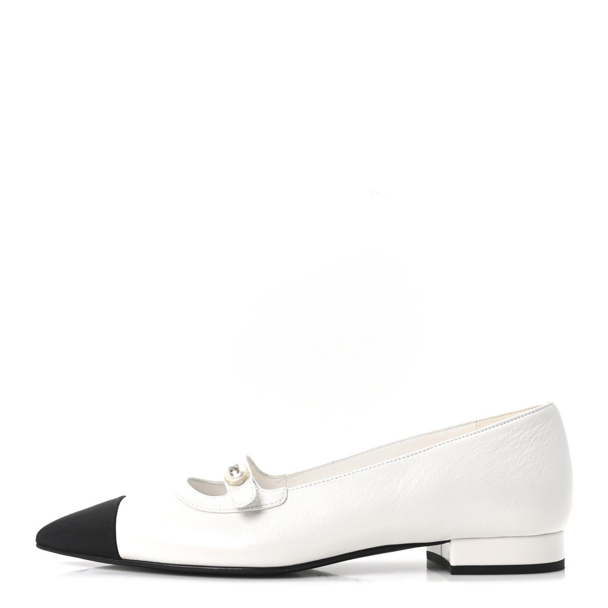 Shiny Lambskin Grosgrain Pearl Mary Janes Flats 37.5 White Black