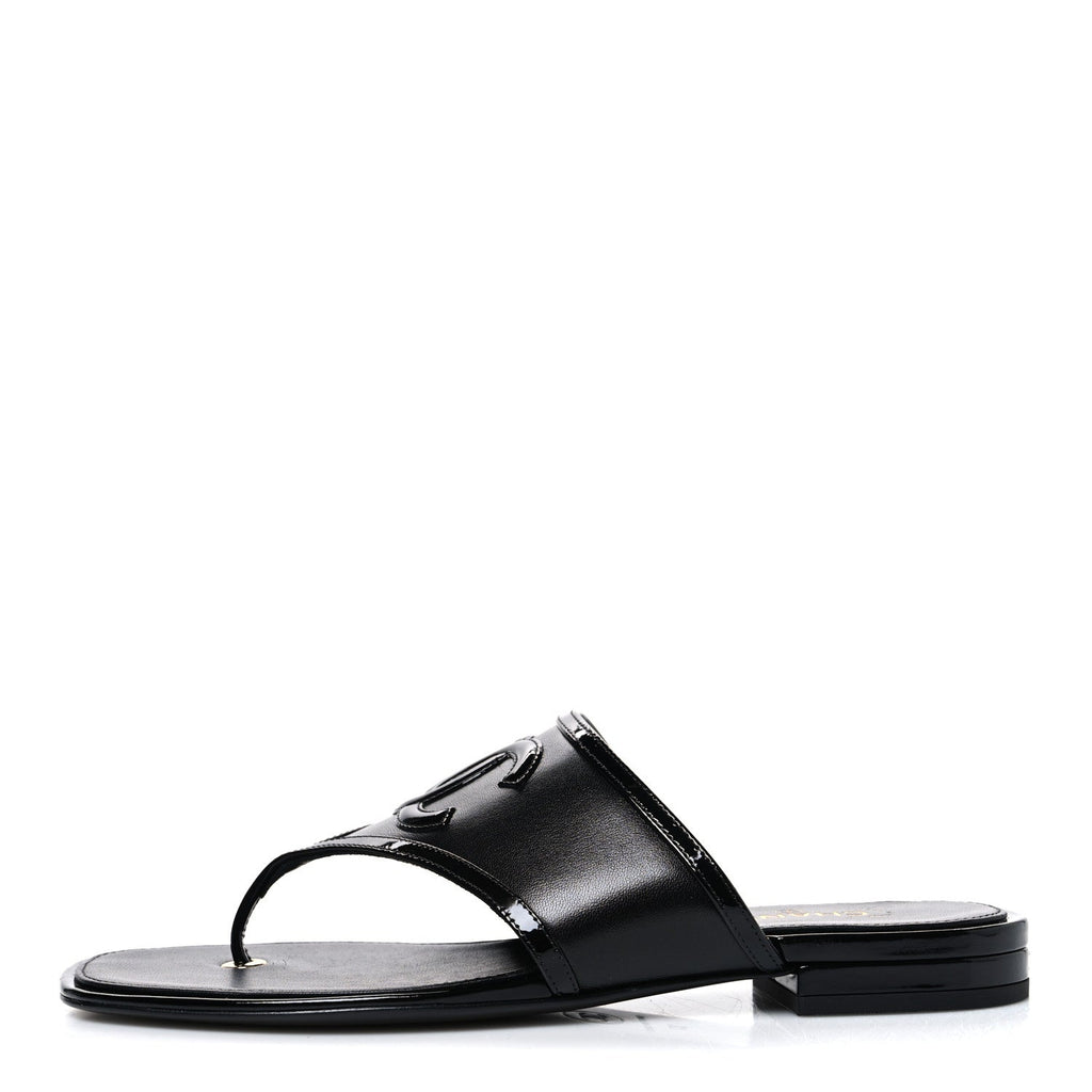 Lambskin Patent Calfskin CC Thong Sandals  37 Black