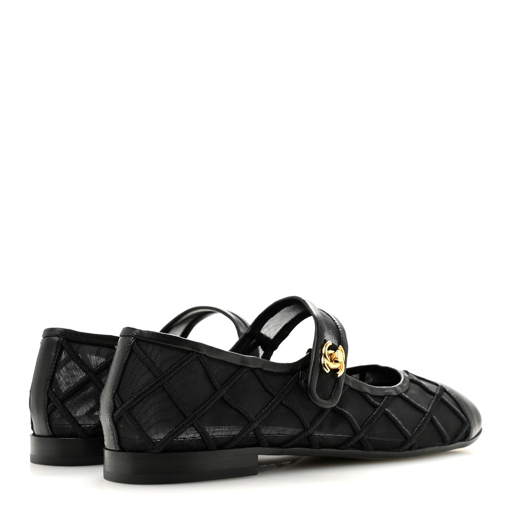 Lambskin Fabric Mesh Quilted Mary Jane Cap Toe Flats 37 Black