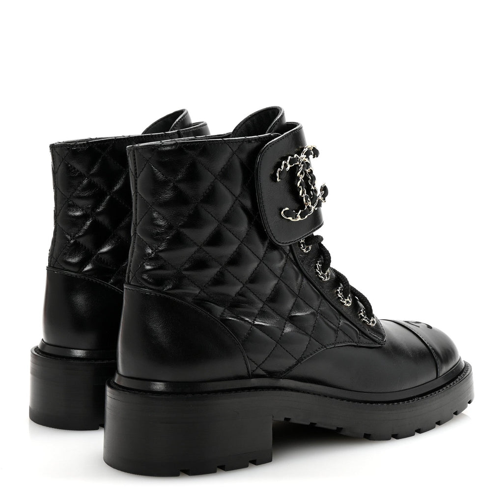 Shiny Lambskin Quilted Lace Up Combat Boots 39 Black