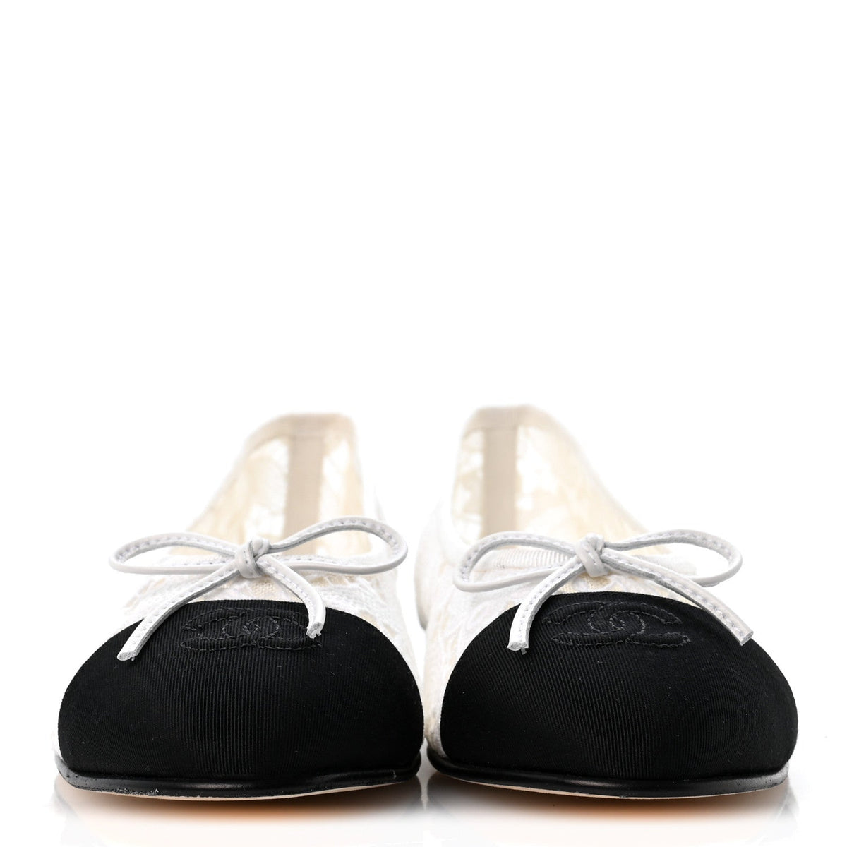 Cotton Mixed Fibers Grosgrain Cap Toe CC Ballerina Flats 37.5 White Black