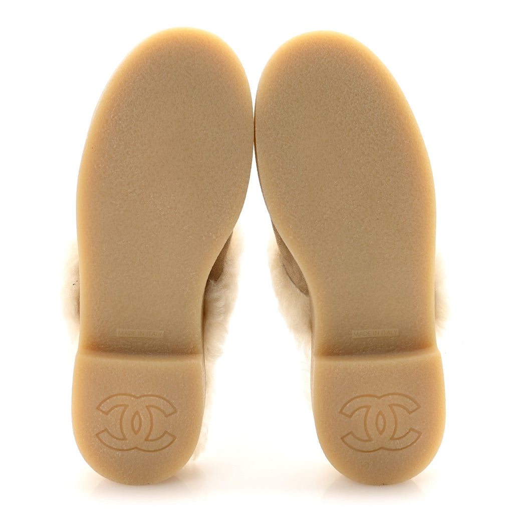 Suede Shearling CC Cap Toe Mules 36 Beige Black