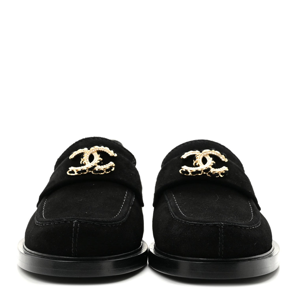 Suede Kidskin Crystal CC Loafers 37 Black