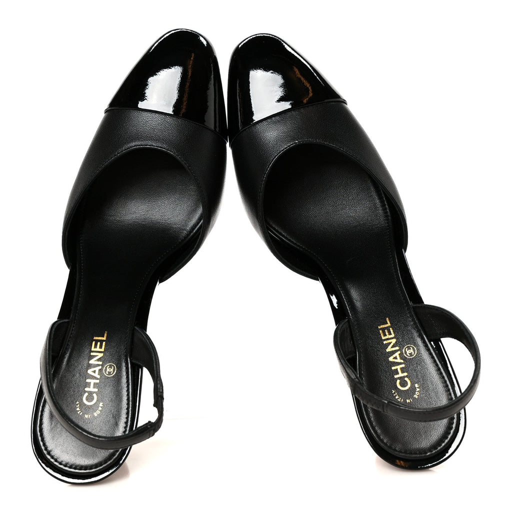 Lambskin Patent Cap Toe CC Apple Slingback Pumps 38 Black