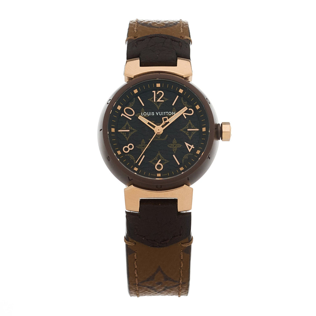 Stainless Steel 18K Rose Gold Monogram 28mm Tambour Quartz Watch Brown