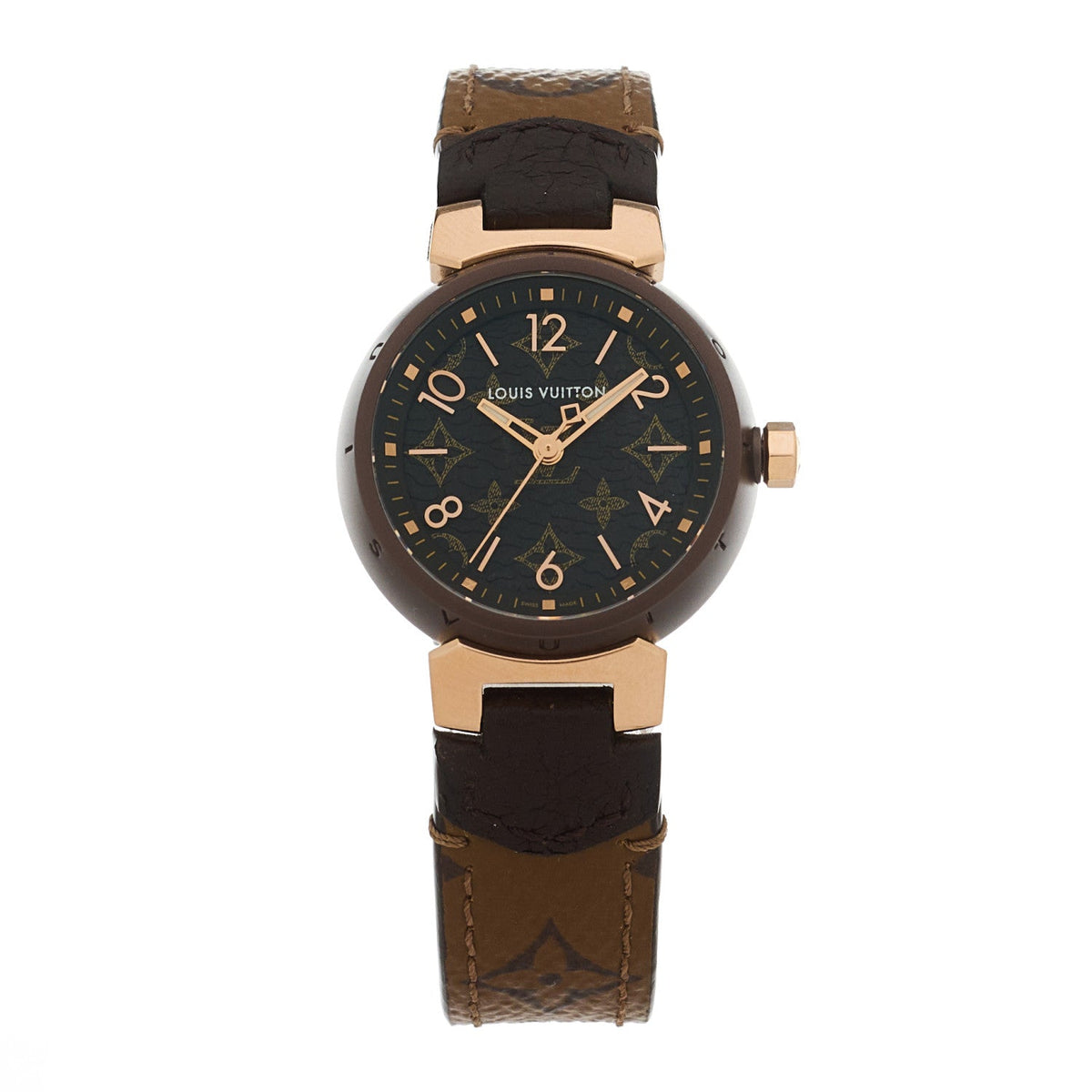 Stainless Steel 18K Rose Gold Monogram 28mm Tambour Quartz Watch Brown