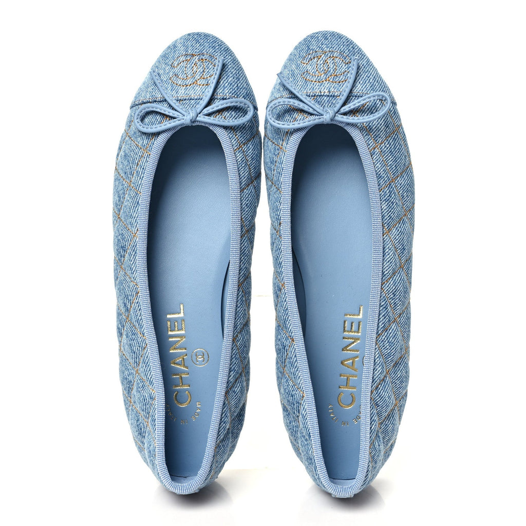 Denim Quilted CC Cap Toe Ballerina Flats 36.5 Light Blue