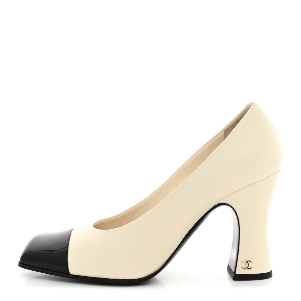 Lambskin Patent Calfskin Cap Toe Pumps 39.5 Ivory Black