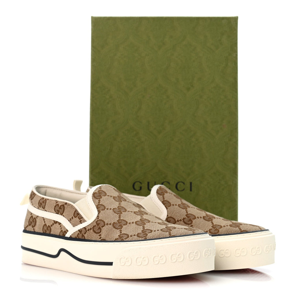 GG Monogram Womens 1977 Tennis Slip On 30mm Sneakers 35.5 Beige Ebony Mystic White