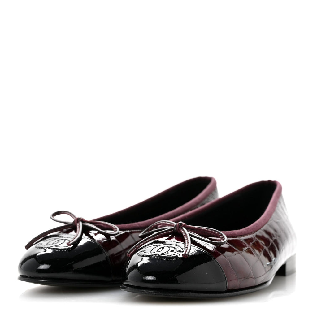 Patent Calfskin Crocodile Embossed Cap Toe CC Ballerina Flats 36.5 Dark Burgundy Black