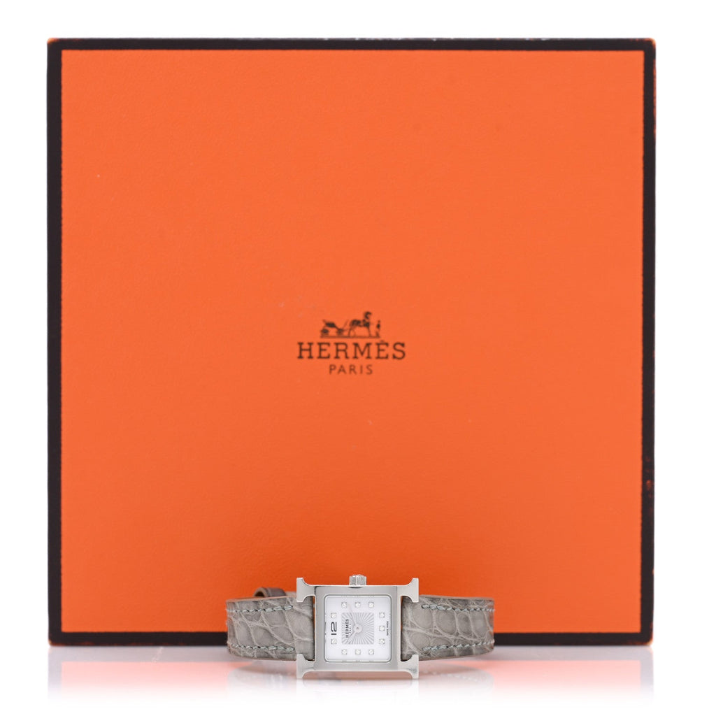 Stainless Steel Alligator Diamond Mother of Pearl 17.2mm Heure H Hour Quartz Watch Gris Perle