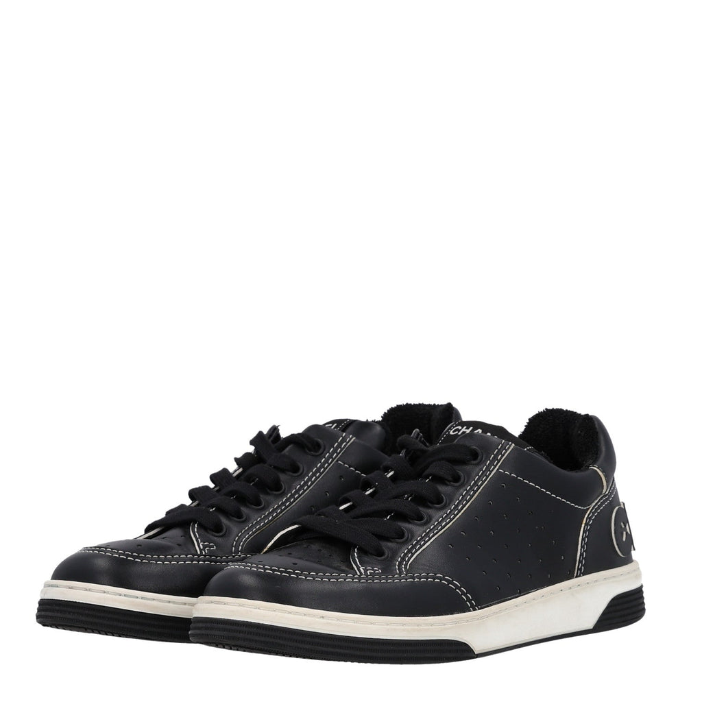 Calfskin Womens Logo Sneakers 38 Black White