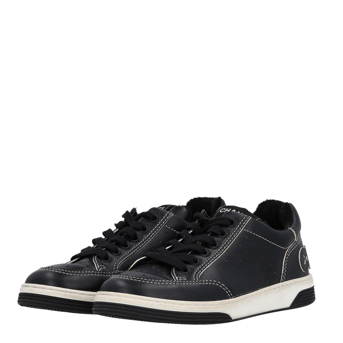 Calfskin Womens Logo Sneakers 38 Black White