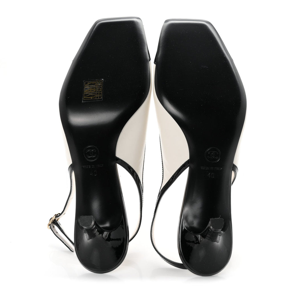 Lambskin Patent Calfskin Cap Toe CC Slingback Pumps 40 White Black