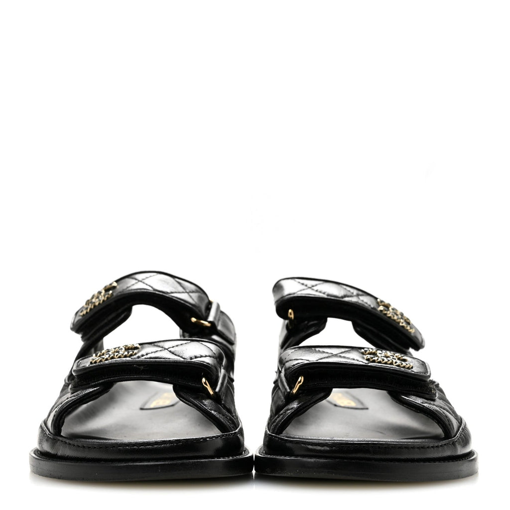 Lambskin Quilted Velcro Dad Chain CC Slide Sandals 36 Black