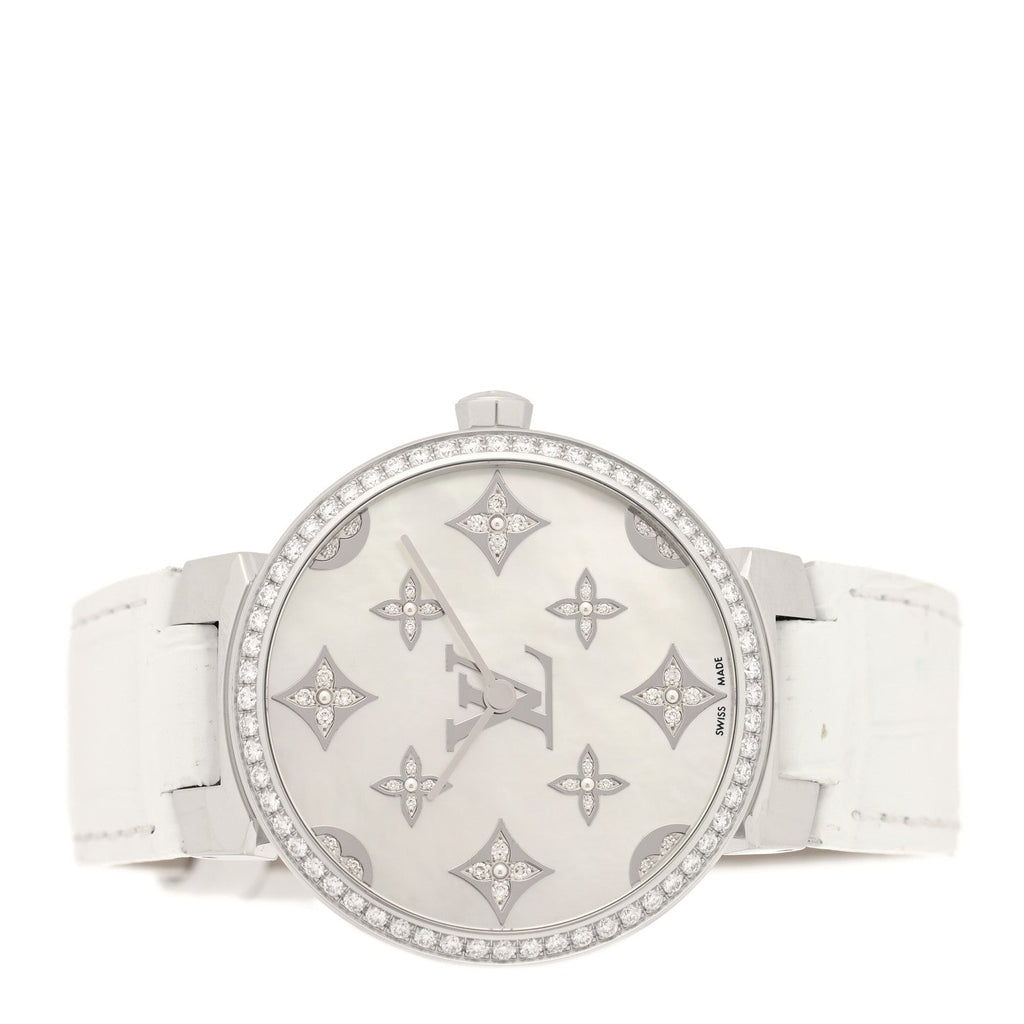 Stainless Steel Alligator Diamond Bezel Mother of Pearl 33mm Tambour Slim Quartz Watch