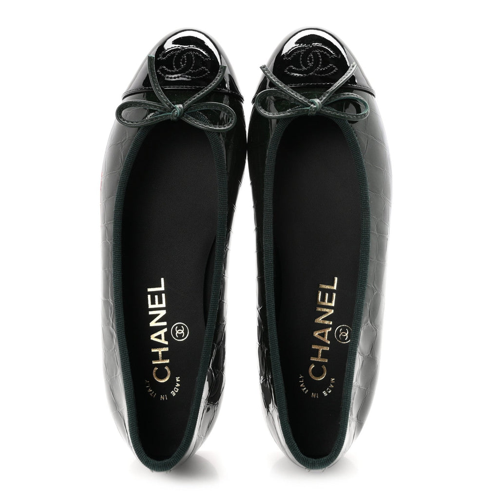 Crocodile Embossed Patent Calfskin Ballet Flats 35.5 Dark Green Black