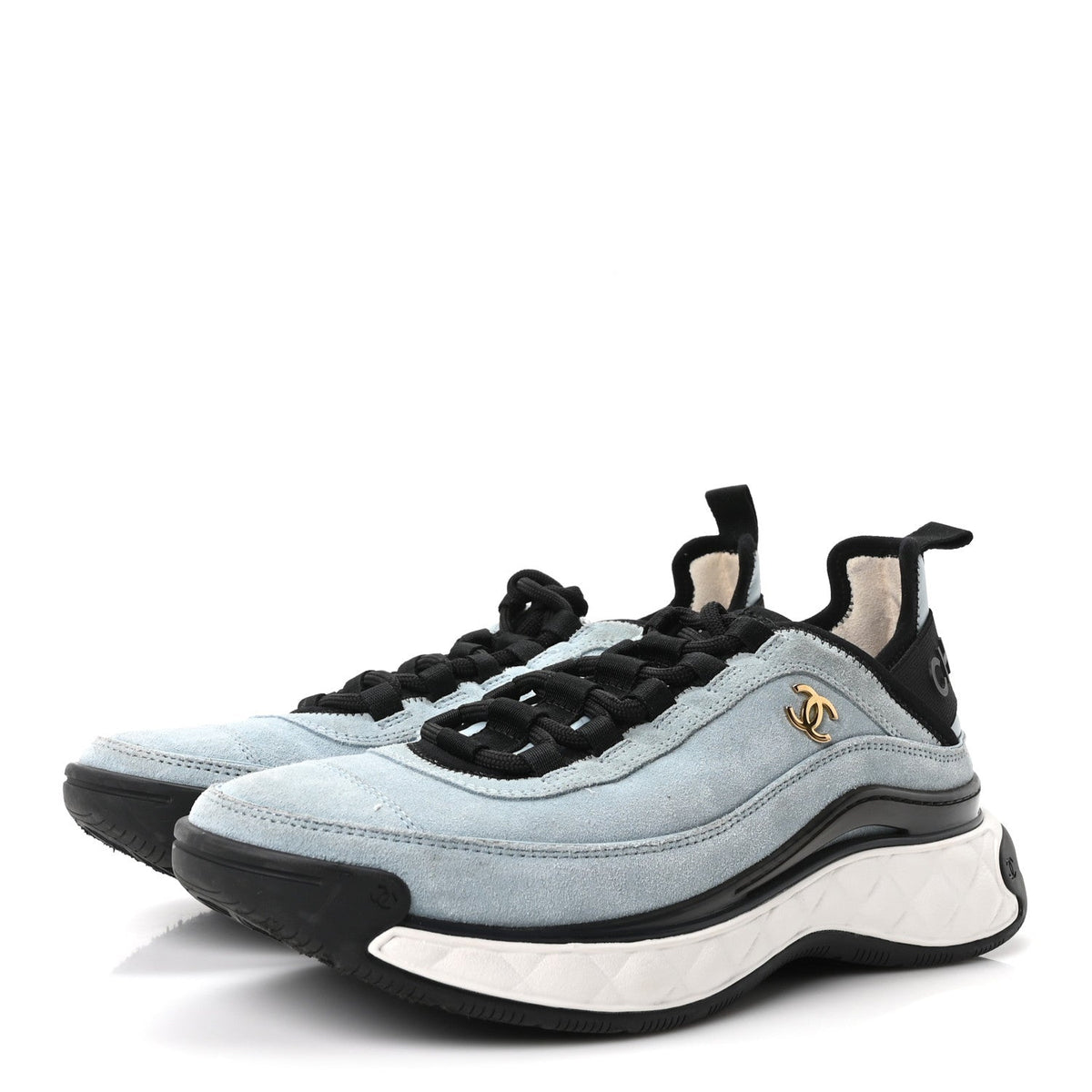 Suede Calfskin Nylon Grosgrain CC Sneakers 38.5 Light Blue
