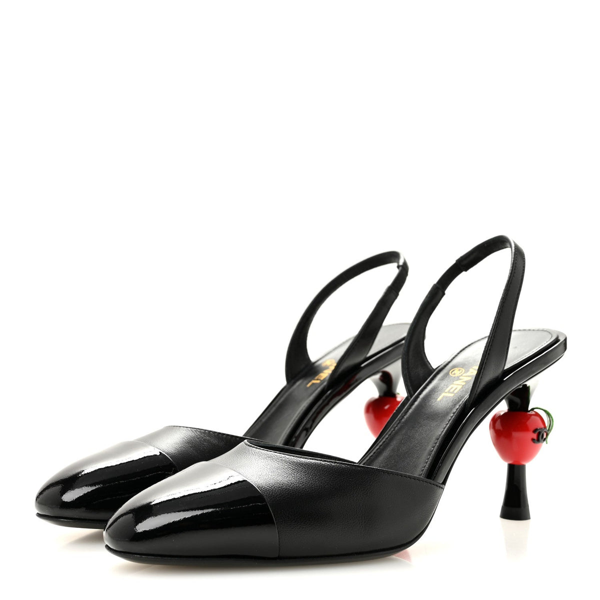 Lambskin Patent Cap Toe CC Apple Slingback Pumps 37 Black