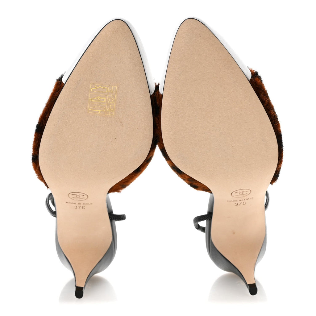 Lambskin Mixed Fibers Cap Toe CC Slingback Pumps 37 White Brown Black