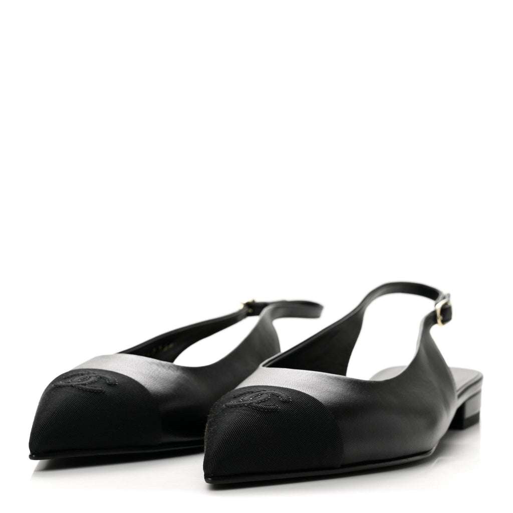 Goatskin Grosgrain Pointed Toe CC Slingback Flats 39 Black