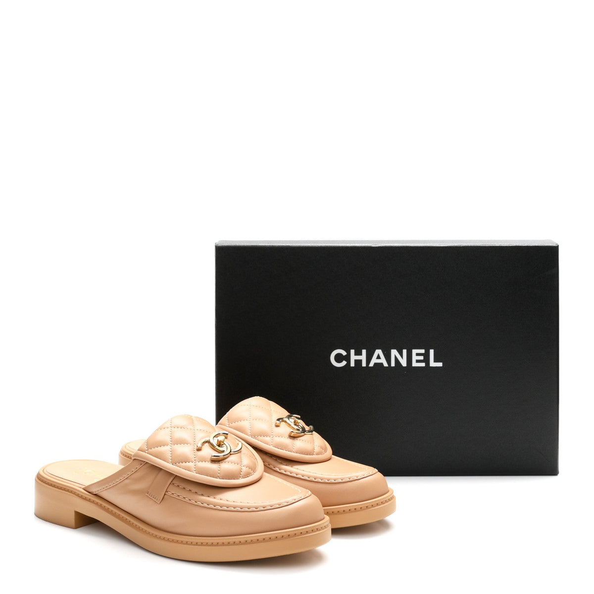Lambskin Quilted CC Turnlock Mules 39.5 Light Beige