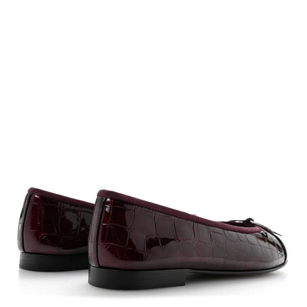Patent Calfskin Crocodile Embossed Cap Toe CC Ballerina Flats 37 Dark Burgundy Black