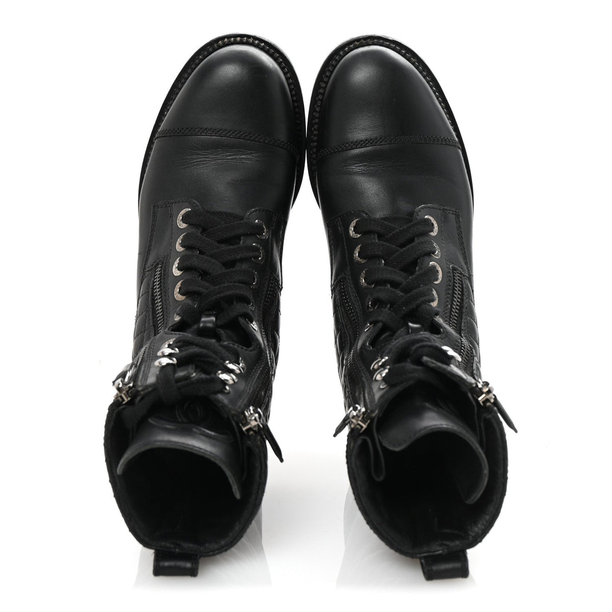Calfskin Quilted Lace Up Combat Boots 37.5 Black