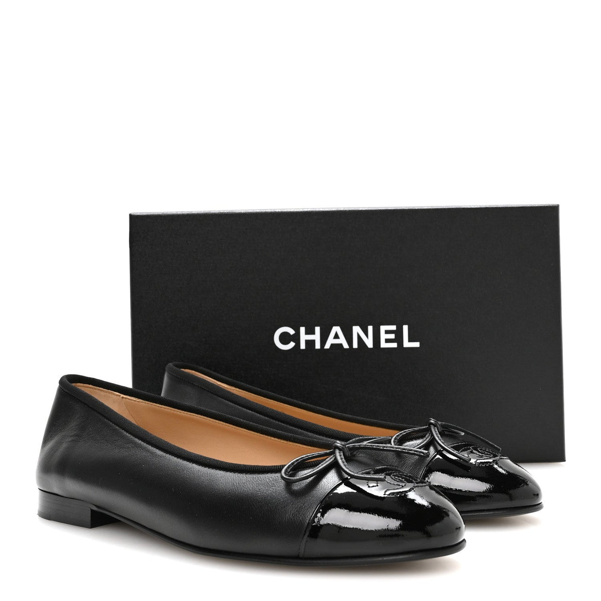 Lambskin Patent Cap Toe Ballerina Flats 39.5 Black