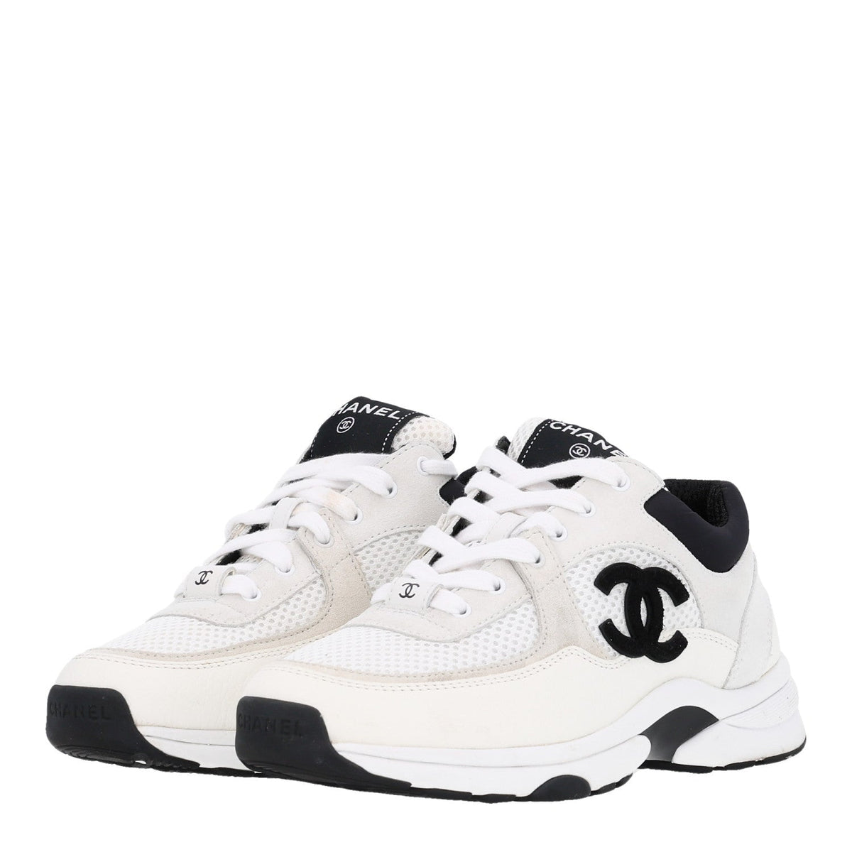 Mesh Suede Grained Calfskin Womens CC Sneakers 36.5 White Black
