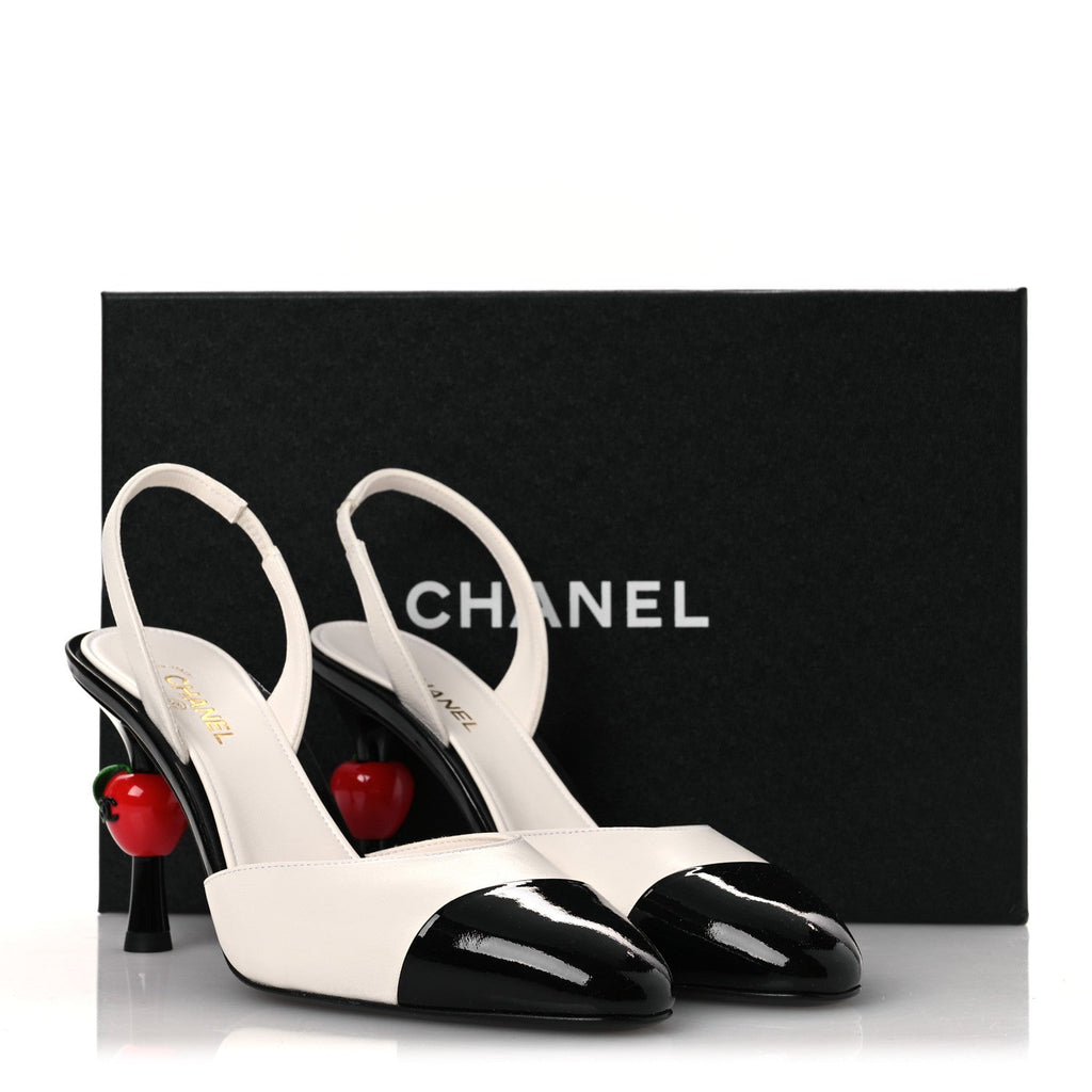 Lambskin Patent Cap Toe CC Apple Slingback Pumps 39 White Black
