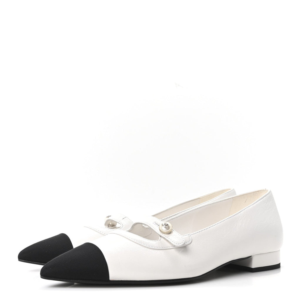 Shiny Lambskin Grosgrain Pearl Mary Janes Flats 37.5 White Black