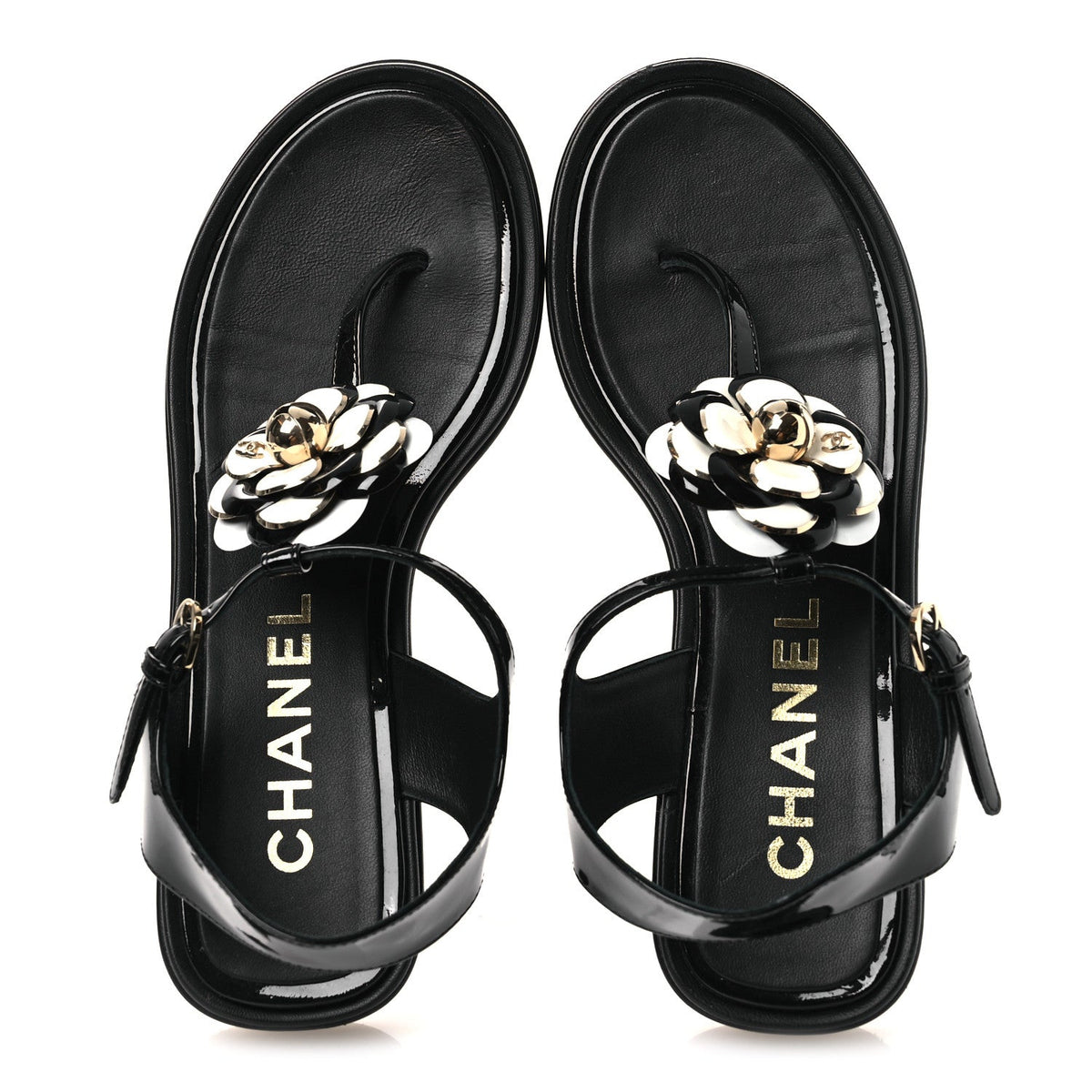 Patent Calfskin Camellia Thong Sandals 37 Black White