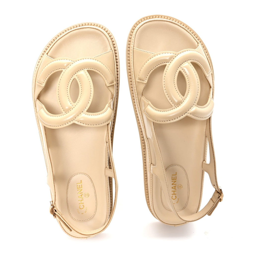 Crumpled Shiny Lambskin CC Cut Out Dad Sandals 40 Beige