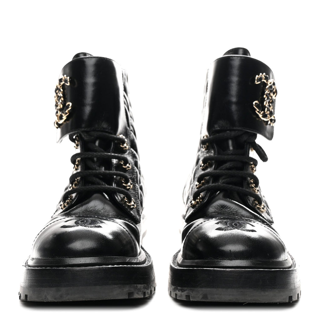 Shiny Calfskin Quilted Lace Up Combat Boots 36 Black